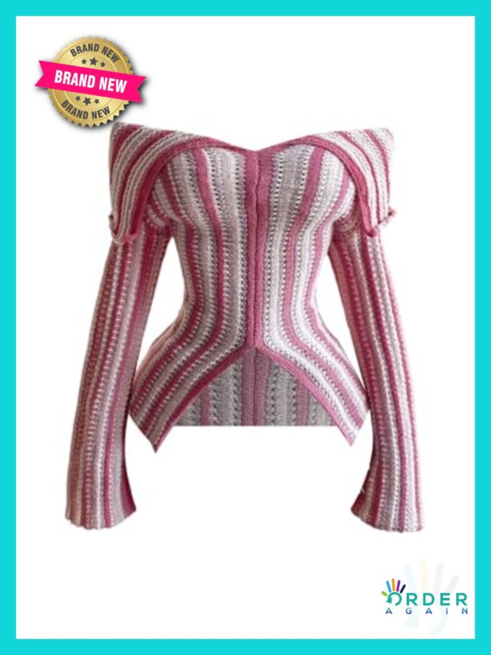Striped Off Shoulder Split Hem Long Sleeve Crochet Knit Sweater Top